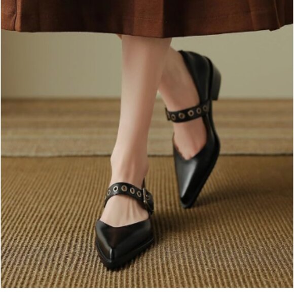YDN Black Pointed Toe Mary Jane Chunky Heels Loafers Hollow Buckle Party Pumps - Picture 1 of 8